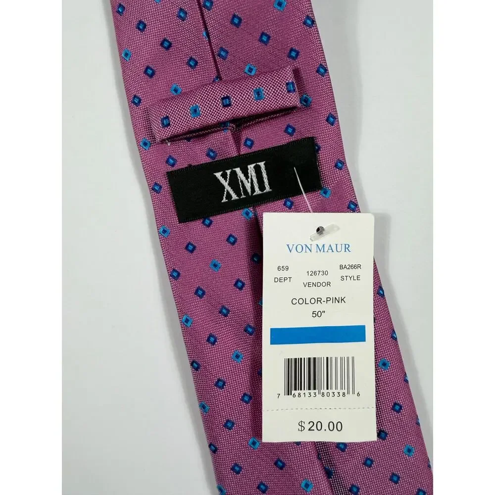 NEW XMI Geometric Square Print Pink Blue Necktie 50” boys